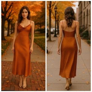 Guess Satin Slip Midi Dress Orange Polka Dot Fall NWT Small